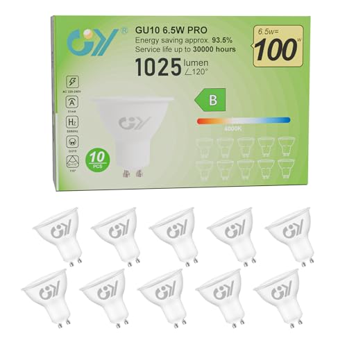 GY GU10 LED Bulb 6.5W (Eq. 100W) 1025LM 4000K Neutral White, Non-Dimmable, 110 Degrees Beam Angle – GU10 LED Bulbs Pack of 10
