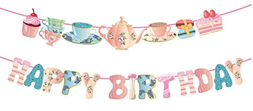 Qpout Alice in Wonderland Tea Party Banner - Happy Birthday Teapot & Teacup Decorations