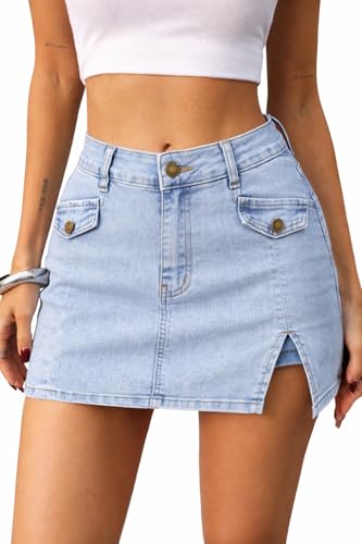 ELLEVEN High Stretch Denim Mini Skort with Side Slit Blue Fog Medium at Amazon