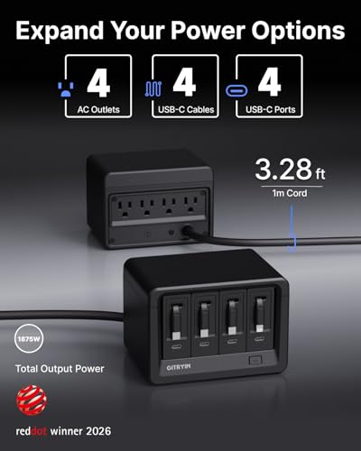 Gitryin 12-in-1 Desktop Charging Station with 4 Retractable Type-C Wall Chargers, 40W USB-C Power Strip with Flat Plug, Extension Cord with 1020J Surge Protection for Home Office Office