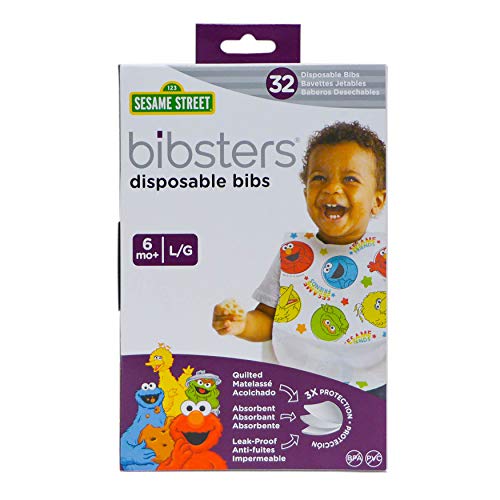Bibsters, Sesame Street Large Disposable Bibs with Patented Crumb-Catcher, Leakproof Liner, and Reusable Fastener, Ages 6+ Months, 32 count