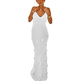 LOUSEA Womens See Through Knit Maxi Dress Tie Back Flower Dresses Sexy Spaghetti Strap Bodycon Dress Crochet Knit Coverup