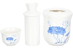 IMIKEYA Japanese Style Sake Warmer Set Ceramic Liquor Heating Pot Blue and White Porcelain 3pcs for Home