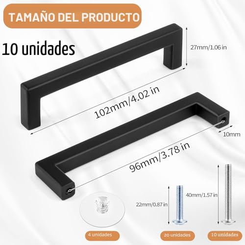 Tufa 10pcs Black Kitchen Handles 96mm - Stainless Steel Kitchen Cabinet Handles with 10 Long Screws, 20 Short Screws for Drawers, Cabinets and Cabinets