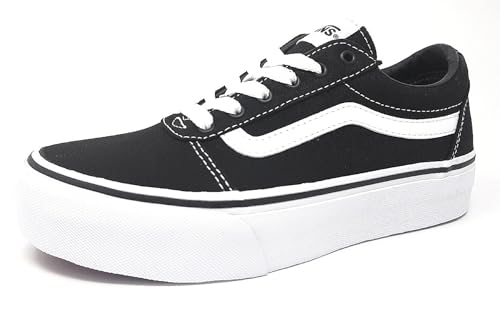 Vans Girls Ward Platform Canvas Sneaker, Canvas Black White, 2.5 UK
