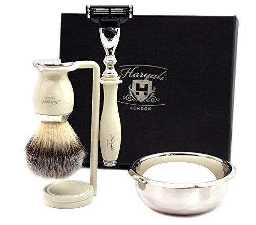 5 Pieces Ivory Colour Resin Made Men's Shaving Set with Precision Triple Edge Cartridge Compatible Head Razor with Synthetic Hair Brush.Gift Set for HIM