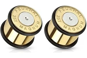 Parent: Pierced Owl - Bullet 357 Magnum Gold Tone Large .357 Bullet Shell Ear Plugs with O-rings, Sold as a Pair
