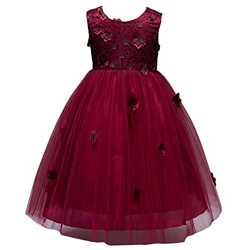 JIANLANPTT Cute Girls Party Dress Burgundy O Neck Lace Tulle Mesh Tutus Dresses with Flower Petal Appliques Wine Red 120(5-6years)