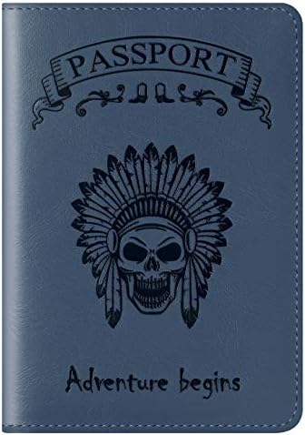 Passport Holders Cover Wallet RFID Blocking Leather Card Case Travel Accessories for Men Women (Skull-Dark Blue)