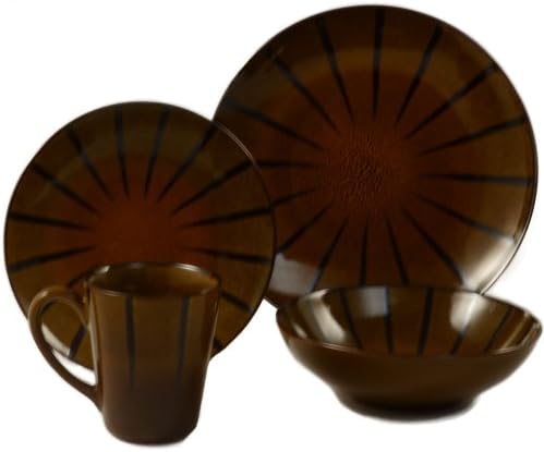 Uxmal Round Coupe Stoneware 16-Piece Dinnerware Set, Copper Brown, Service for 4