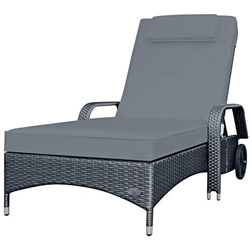 RS Trade Sonnenliege Imola Silber/Grau - Outdoor Liege mit beständigem Poly-Rattan-Geflecht - verstellbare Rückenlehne & breite Liegefläche - inkl. Kopfteil und Auflage