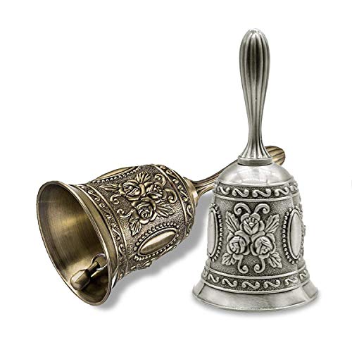 ZHU YU CHUN 2 Pcs Hand Bell, Antique Handbell for School Reception Dinner, Shop, Hotel Service, Meditation Prayer, Pet Feeding and Home Decoration(Gold+Silver)