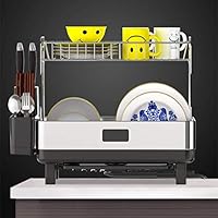 YQDZ Compact Frame Dish Rack, Double-Layer Stainless Steel Plate Dish Drainer with Tray and Cutlery Holder, for Kitchen Supplies Storage Rack,Silver