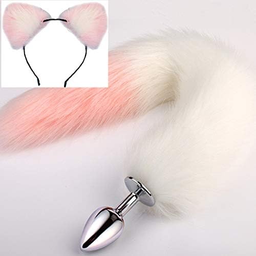 Fox Tail Cat Ear Pink White Metal as A Love Gift Toy for Women Plush Cosplay Role Party in Youpin Costume Dress Up Halloween (D, L)