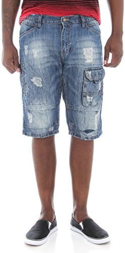 Copper Rivet Men's Distressed Utility Denim Shorts-Light Sand Blue-32