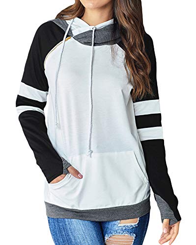 Happy Sailed Women Casual Double Hoodies Stripe Long Sleeve Cowl Neck Drawstring Pullover Sweatshirts Tops (Medium, Black-Seller Shipping)