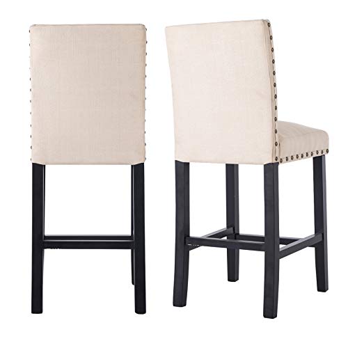 GOTMINSI Nailhead 24" Counter Height Stools Upholstered Bar Stools with Solid Wood Legs, Set of 2 (Beige)