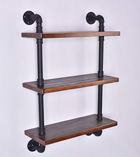 Diwhy Industrial Pipe Shelving Bookshelf Rustic Modern Wood Ladder Storage Shelf 3 Tiers Retro Wall Mount Pipe Dia 32mm Design DIY Shelving (Black, L 24")