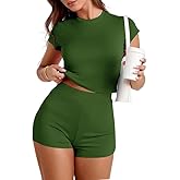 BARASA Womens Sexy Summer Two Piece Sets Outfits Slim Fitted Short Sleeve Tops Casual Mini Shorts Set D073
