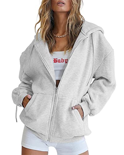 Jhsnjnr Damen-Sweatshirt, langärmelig, lässige Kapuzenjacke mit Taschen, übergroße Kapuzenjacke mit Reißverschluss, grau, XL