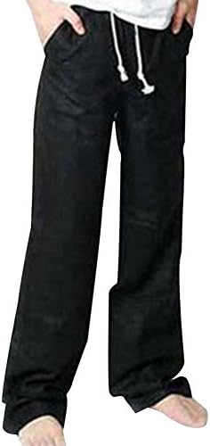 Miskley Summer Men's Linen Cotton Casual Loose Fit Straight Pants Drawstring Beach Vacation Trousers Plus Size (XXXL, Black)