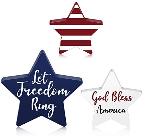 Hicarer 3 Items Wood Independence Day Star Indicators Tiered Tray Decor Rustic Wood Signal Pentagram Wood Decors for Residence, Fourth of July Occasion, Independence Day Decor (Letters Sample)