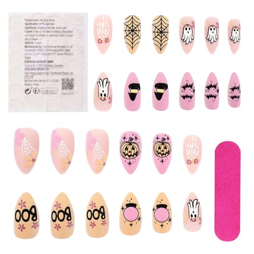 Halloween Press on Nails Short Almond Fake Nails Pink Acrylic Nails Press on Matte Full Cover False Nails with Cobweb Pumpkin Designs Halloween Cute Glue on Nails Short Stick on Nails for Women 24Pcs - Image 3