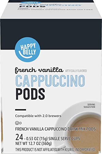 AMAZON BRAND – HAPPY BELLY CAPPUCCINO COFFEE PODS LIGHT ROAST COMPATIBLE WITH 2.0 K-CUP BREWERS, FRENCH VANILLA FLAVORED, 24 COUNT, 1.5 POUND (PACK OF 1)