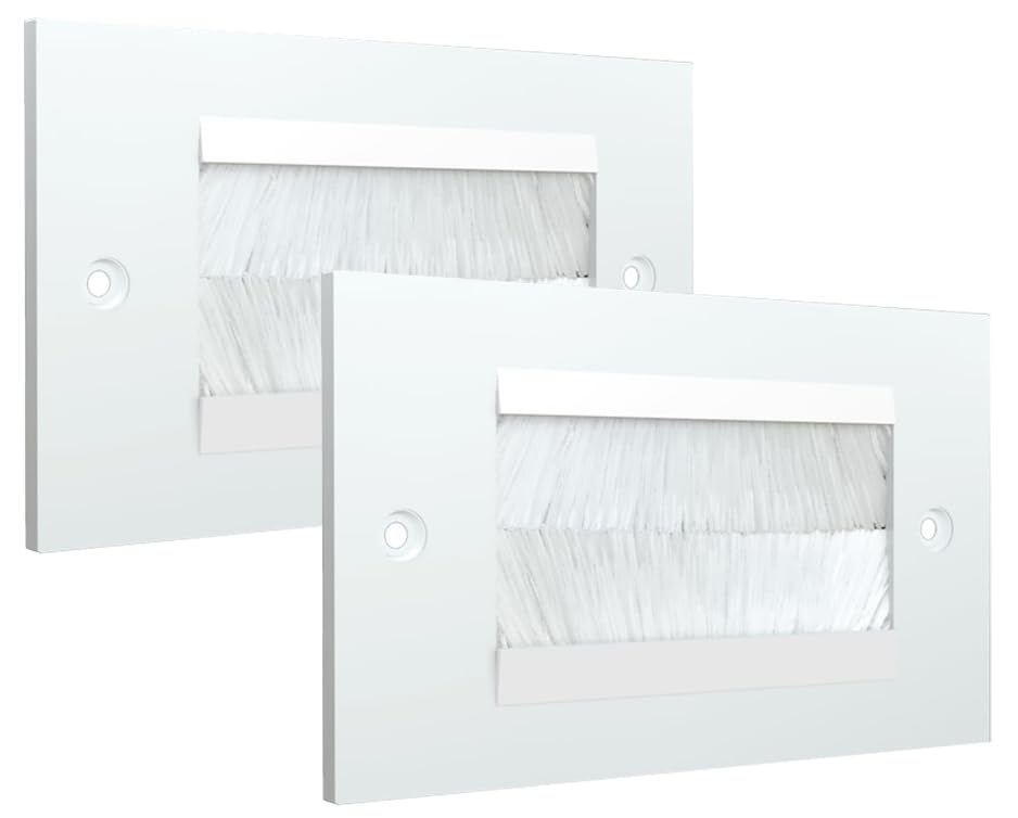 rhinocables Double Gang Cable Entry Brush Plate | Conceals HDMI, TV & Multimedia Wires Behind Wall-Mounted Displays | Low-Profile Faceplate with Fixing Screws for Easy Install (White Brush, 2 Pack)