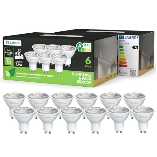 sailsco Energy Class A GU10 LED Warm White Lamp, 1.9 W 345 LM 2700 K Warm White GU10 Spot Energy Saving Bulb, 50 W Bulb Replaces, 36° Beam Angle G10 Bulb, Not Dimmable, Pack of 12