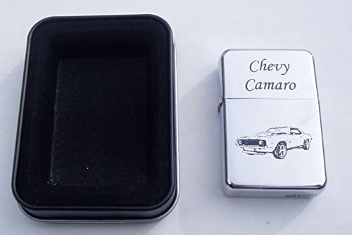 Chevy Camaro Engraved Chrome Plated Brass Refillable Lighter in Black tin case