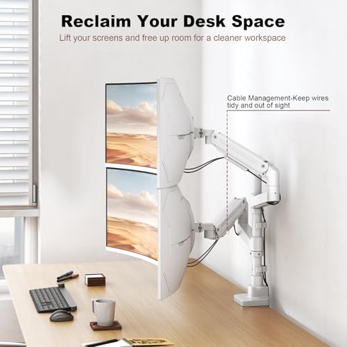 Dual Monitor-Arm Heavy-Duty for 17-49-inch Screens - Vertical Stacked Dual Monitor Mount Stand for Ultrawide Screens up to 44lbs, Aluminum,Full Motion, VESA 75/100 mm, White