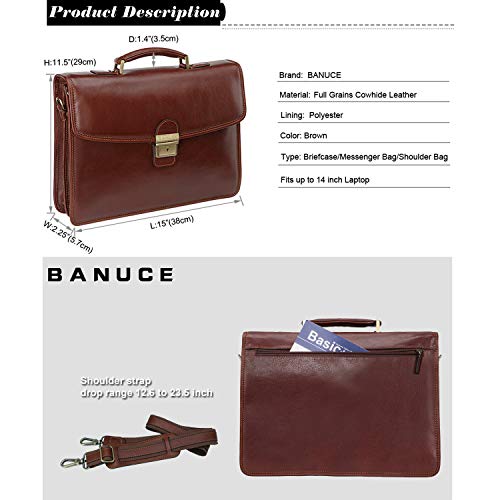 Banuce Full Grain Italian Leather Briefcase for Men Business Lock Attache Case 14 inch Laptop Messenger Bag