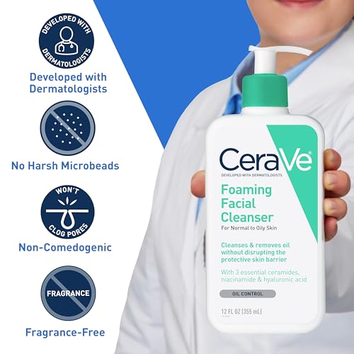 CERAVE FOAMING FACIAL CLEANSER, DAILY FACE WASH FOR OILY SKIN, HYALURONIC ACID + CERAMIDES + NIACINAMIDE, FRAGRANCE FREE & PARABEN FREE, NON-DRYING OIL CONTROL FACE WASH, 19 FLUID OUNCE