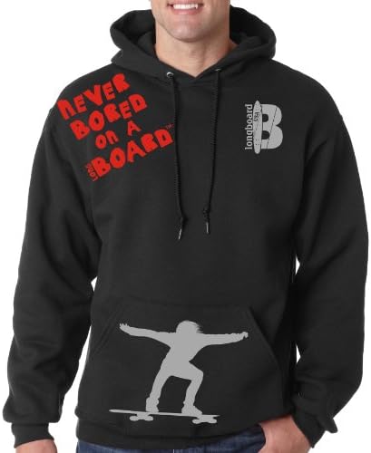'Never Bored on a LongBoard' Pullover Hoodie by Unleaded (Large, Black)