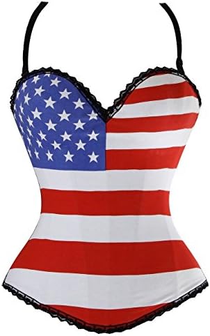 Sibeawen Women's Fashion Flag Print with Black Lace Trim Elastic Overbust Corset