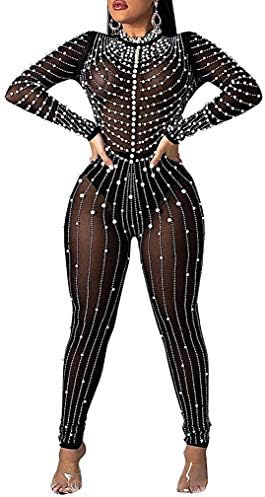 Fadvanes Women Shiny Rhinestone Mesh Hollow Out Jumpsuits See Through Long Sleeve One Piece Rompers Clubwear