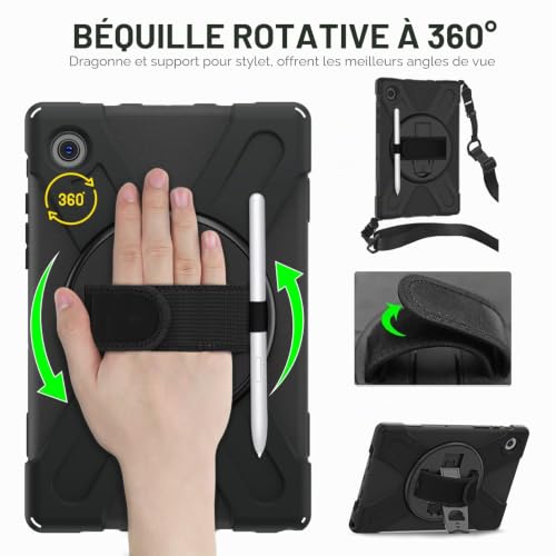 Gerutek Shockproof Case for Samsung Galaxy Tab A8 10.5 Inch 2022, (SM-X200/SM-X205/SM-X207), Heavy Duty Armor Case with Rotating Stand, Hand Strap and Shoulder Strap, Cover for Samsung Tab A8 10.5-Inch, Black