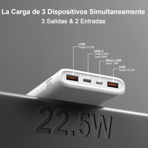 Bateria Externa Carga Rapida 10000mAh, 22.5W Power Bank Ultra Delgado — foto 3 de 7