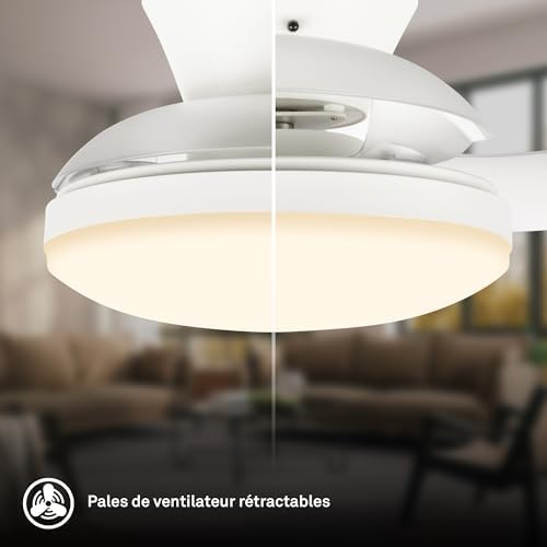 - Plafonnier ventilateur de plafond LED avec éclairage, télécommande, moteur DC silencieux à 3 vitesses, CCT et intensité réglable, pales rétractables, plafonnier ventilateur, 44 cm, blanc
