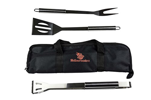 Barbecue Grill Tool Set - 3 Piece BBQ Grilling Utensil Kit Including Stainless Steel Spatula, Fork, and Tongs with Bonus Carrying Case