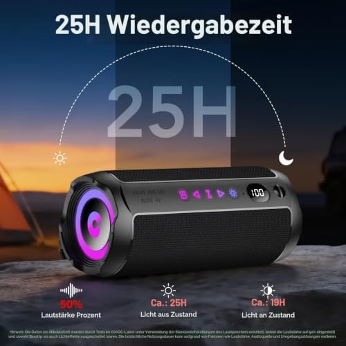 Bluetooth Lautsprecher mit Licht, Bluetooth 5.4 Musikbox,25W Dual Lautsprecher, LED Anzeige & 25 Std Akku,Dualen Bass-Treibern, IPX7 wasserdicht,TWS Paarung, AUX,TF Karte,Geeignet Outdoor/Party