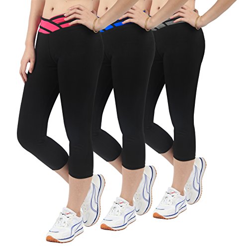 iLoveSIA Women's Capri 3/4 Yoga Leggings 3PCS Rose Red+Lake Blue+Grey size S