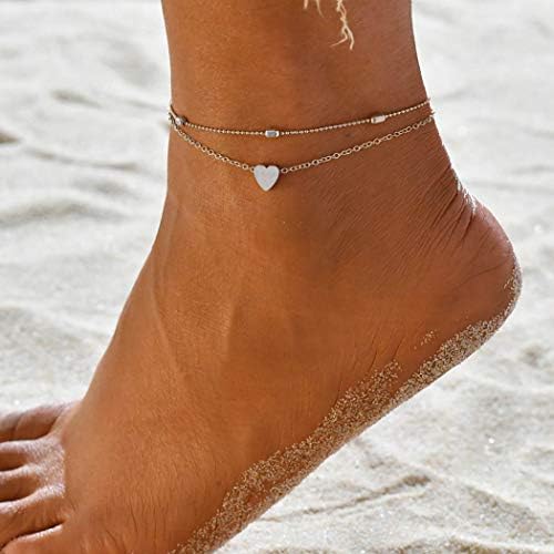 Handcess Boho Double Anklet Silver Heart Ankle Bracelet Layered Love Beads Foot Chain for Women and Girls