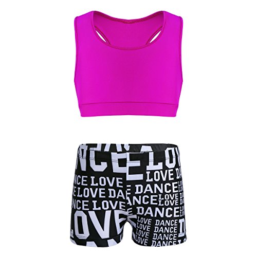 iiniim Kids Girls Two Piece Dance Crop Bra Top with Shorts Gymmnastics Active Workout Sports Swimming Outfit Set Hot Pink&Black 8