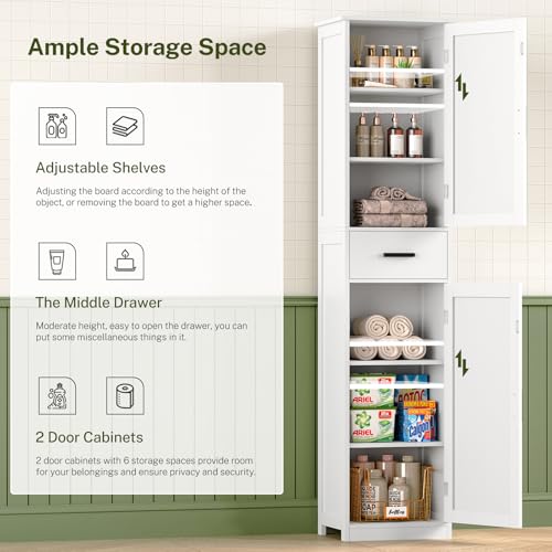WEENFON 67" H Bathroom Storage Cabinet with 2 Doors & 1 Drawer, Tall Bathroom Cabinet with 6 Shelves, Narrow Bathroom Storage, for Bathroom, Living Room, Kitchen, White, 30×40×170CM