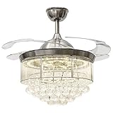 COLORLED Ceiling Flush Mounted Light Kit Crystal Silver Drawing Retractable 42-Inch Ceiling Fan for Living Room Bedroom Restaurant Three Color Changing Fan Chandelier Lighting