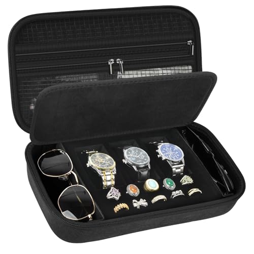 Jewelry Box Watch Case Organizer for Men and Women - Travel Display Boxes Storage with 3 Watch Compartments, 2 Glasses Slots, 10 Ring Holders, Mesh Pouch for Necklaces Bracelets Earring (Holder Only)