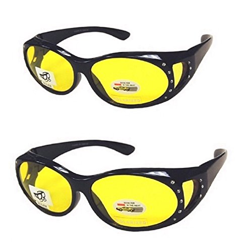 2 Pair Men and Women Rhinestone Fit Over Prescription Glasses Night Driving Sunglasses Oval - Black/Black
