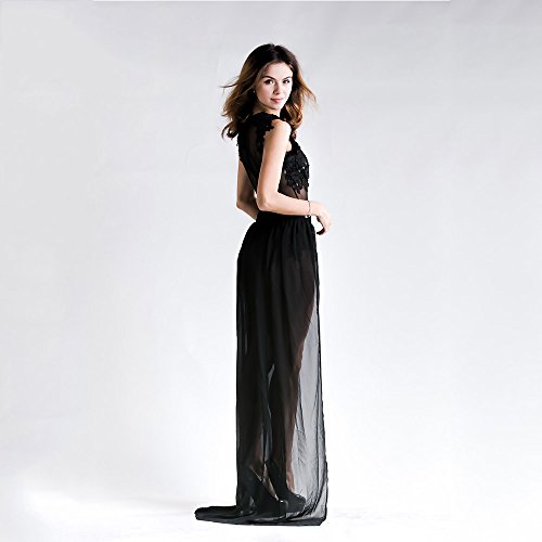 Missord Sleeveless Slim Lace Maxi Playsuit with Front Open Leg Cape Large Black - Thumbnail 2